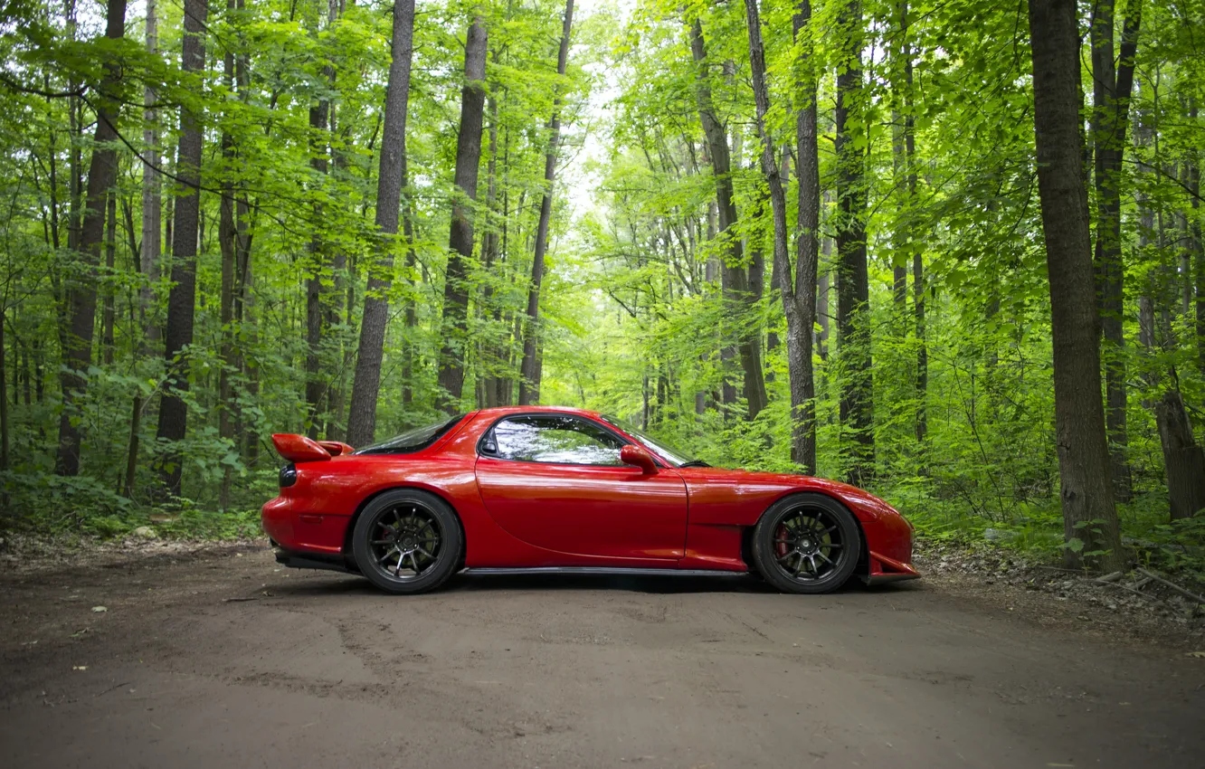Фото обои дорога, лес, красный, спорткар, Mazda RX-7