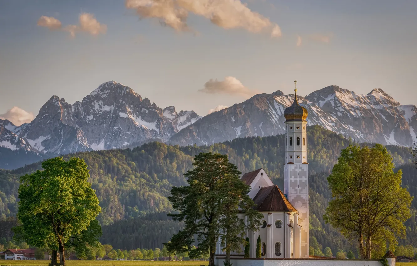 Фото обои деревья, горы, Германия, Бавария, Альпы, церковь, Germany, Bavaria