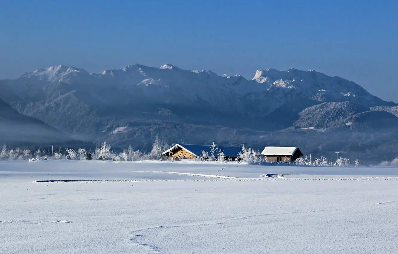 Фото обои зима, поле, пейзаж, туман, дома