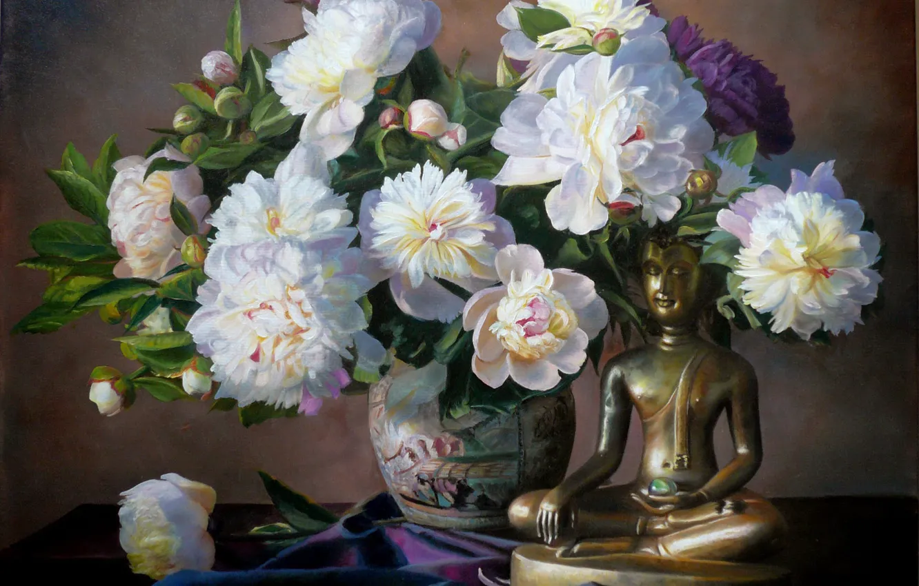 Фото обои цветы, букет, картина, лепестки, ваза, статуэтка, натюрморт, будда