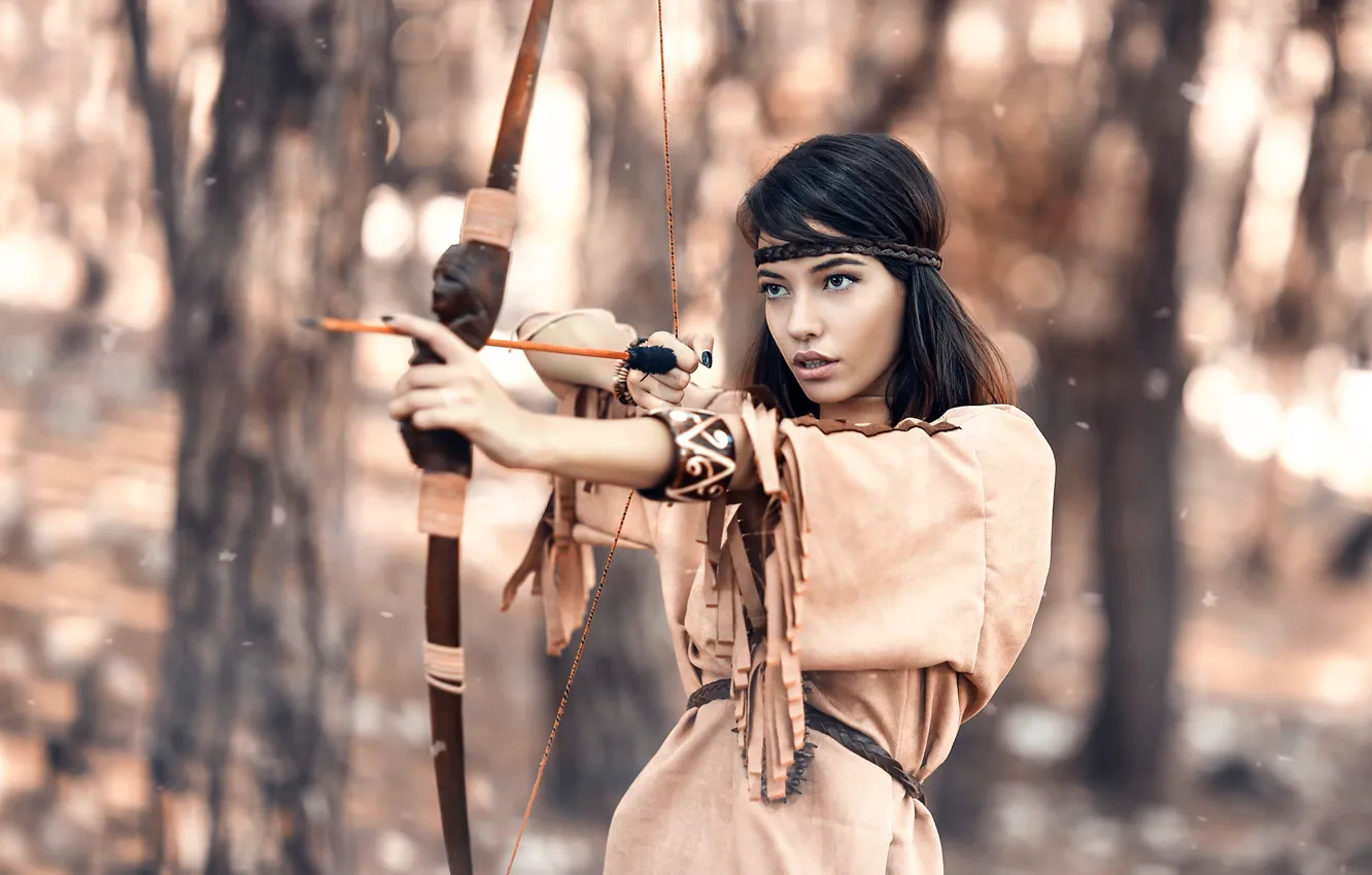 Фото обои девушка, лук, стрела, Alessandro Di Cicco, Native Hunter