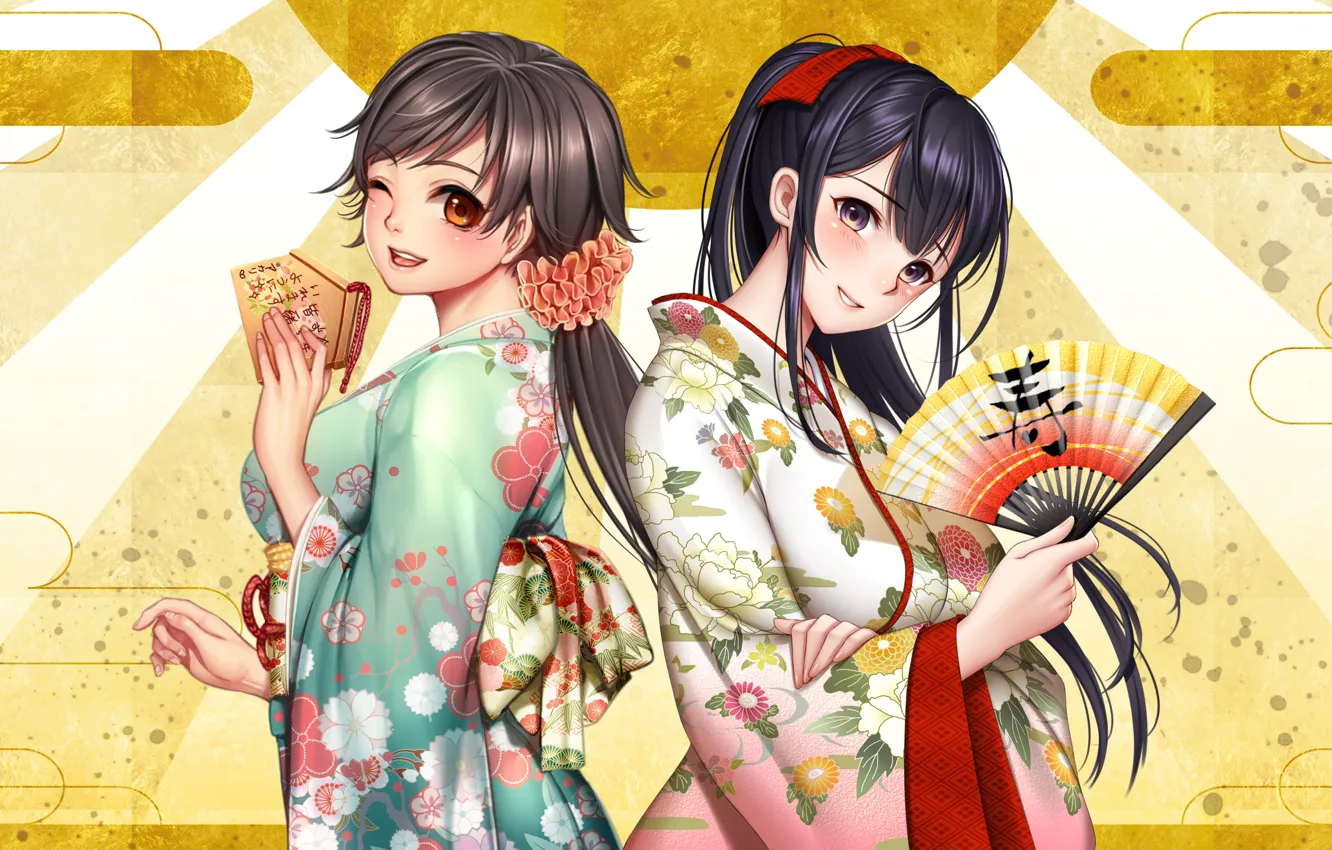 Фото обои девушки, веер, кимоно, юката, anime, art, masami chie, yoyogi akari