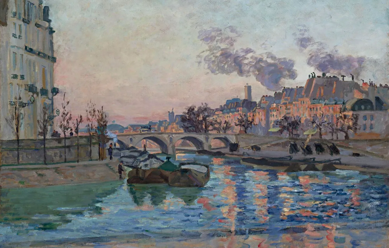 Фото обои мост, река, Париж, дома, картина, Paris, городской пейзаж, Арман Гийомен