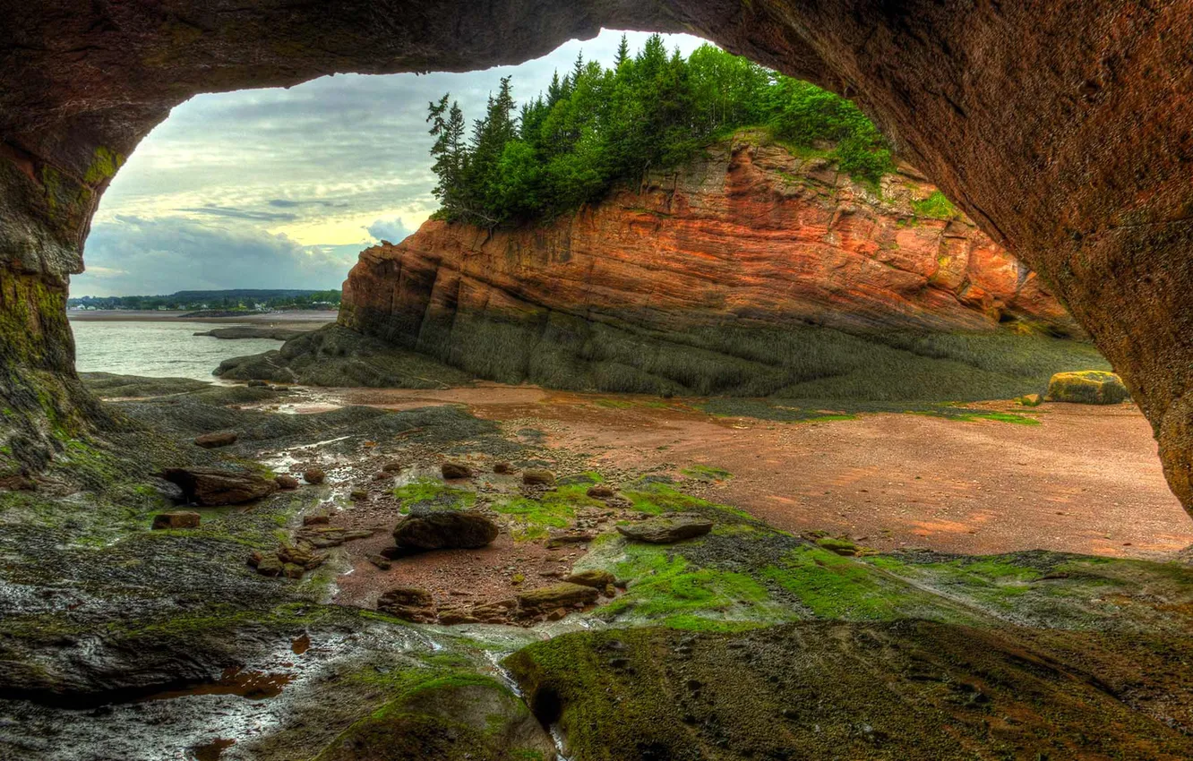 Фото обои природа, скалы, отлив, Канада, грот, Нью-Брансуик, Сент-Мартинс, залив Фанди