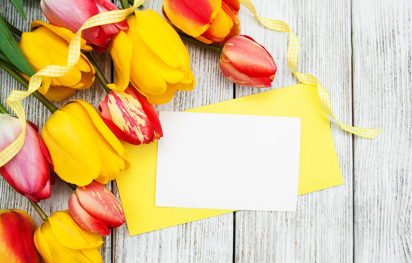 Фото обои стол, букет, лента, тюльпаны, color, Olena Rudo