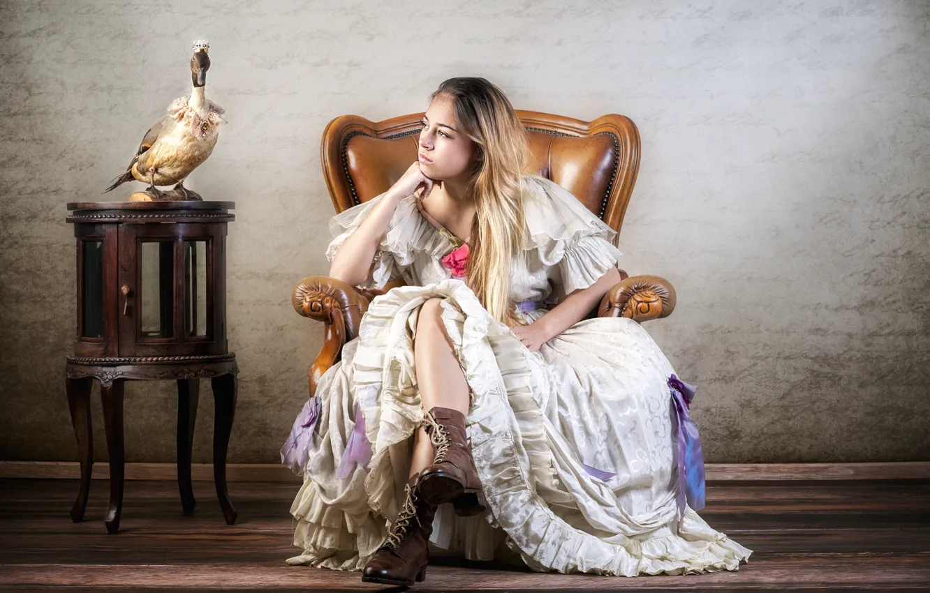 Фото обои девушка, птица, кресло, ботинки, платье