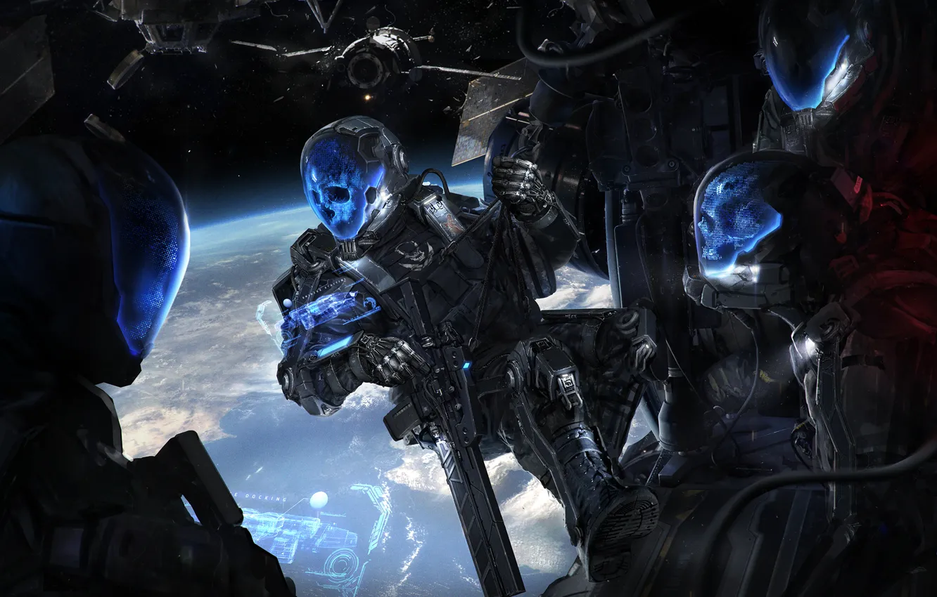 Фото обои космос, оружие, фантастика, корабль, арт, броня, шлемы. черепа, Defcon Zero