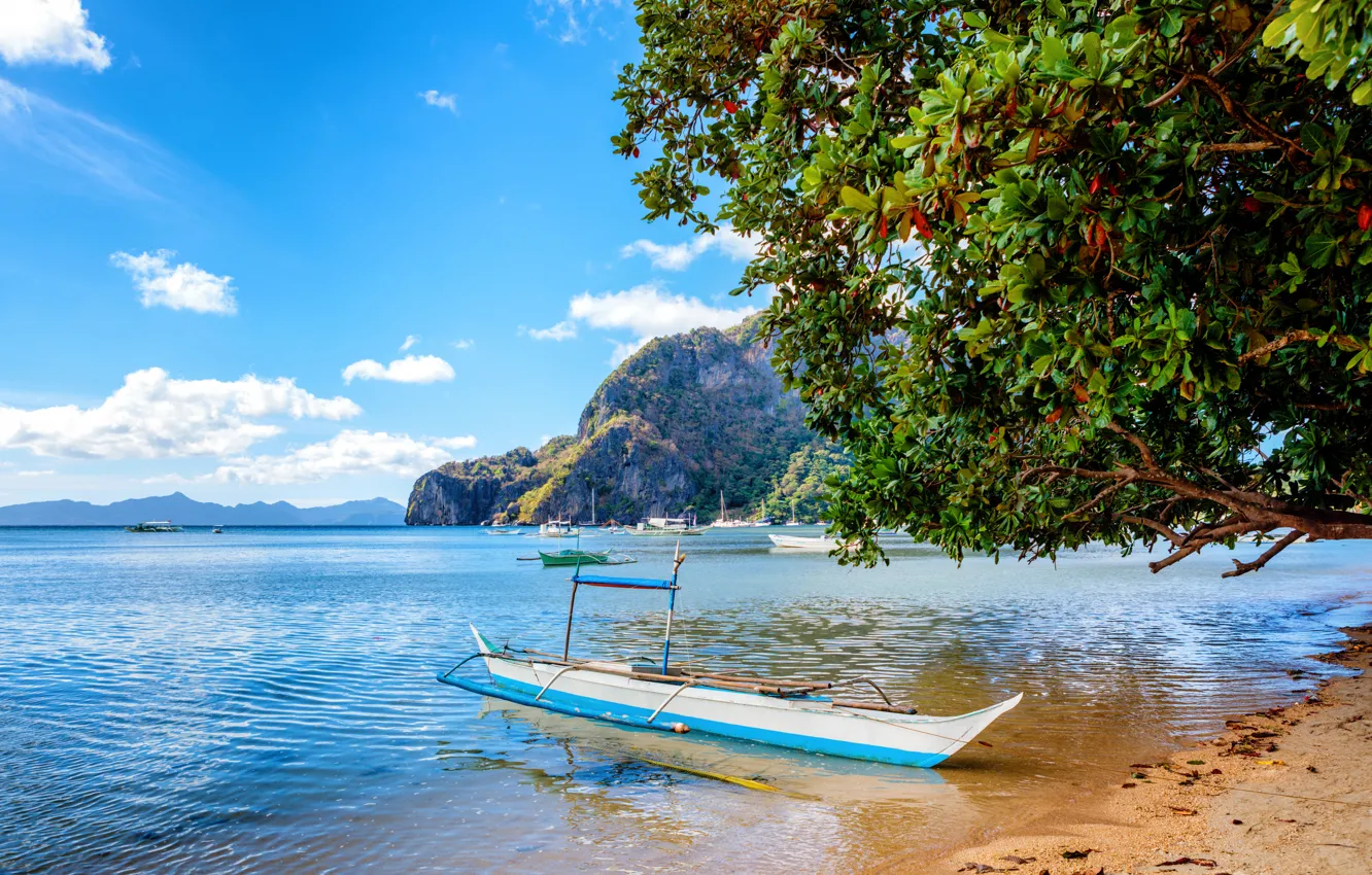 Фото обои Небо, Лодки, Пейзаж, Побережье, Филиппины