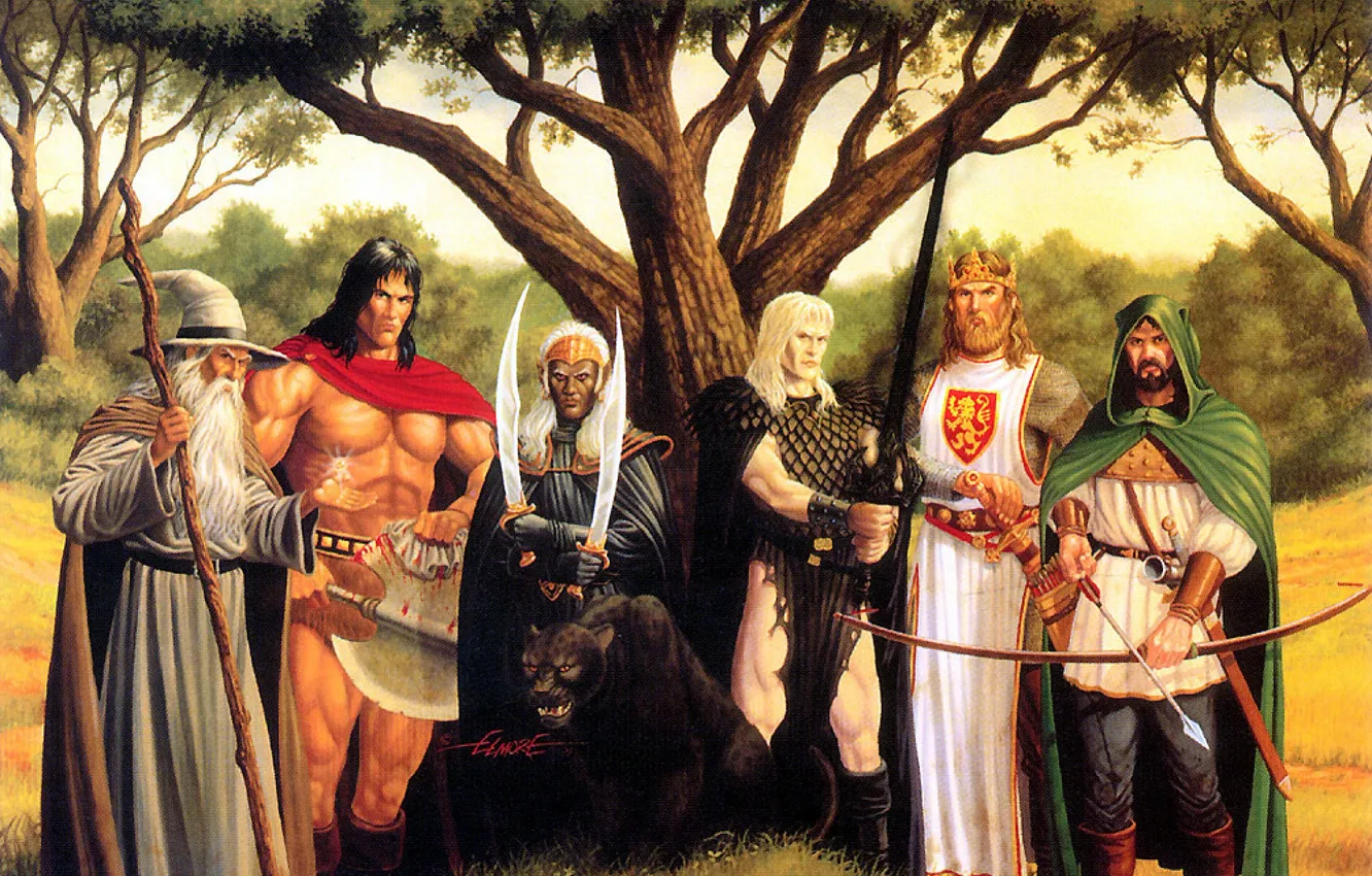 Фото обои Деревья, Герои, Воины, Мужчины, Воители, Larry Elmore, Ларри Элмор
