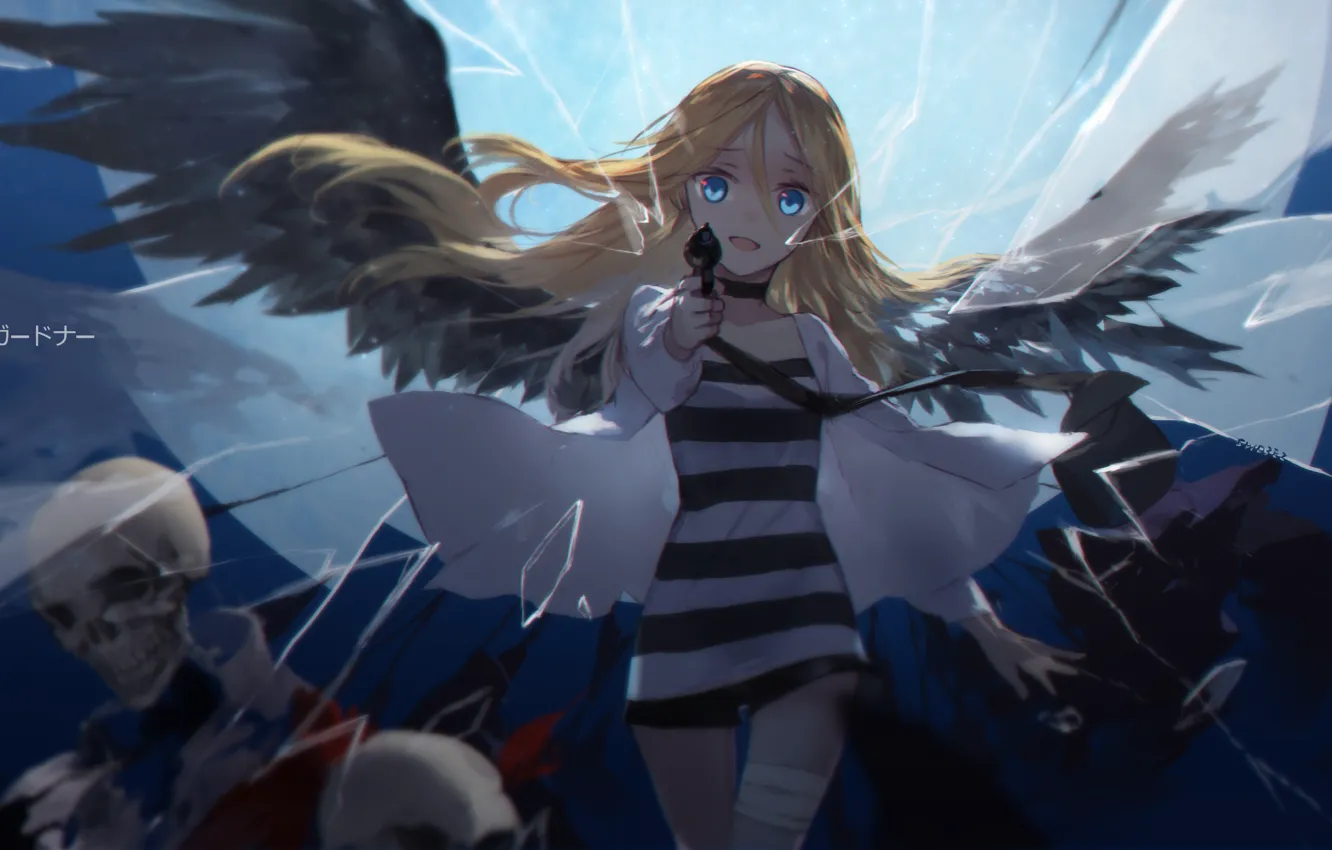 Фото обои девушка, осколки, пистолет, оружие, крылья, ангел, аниме, арт