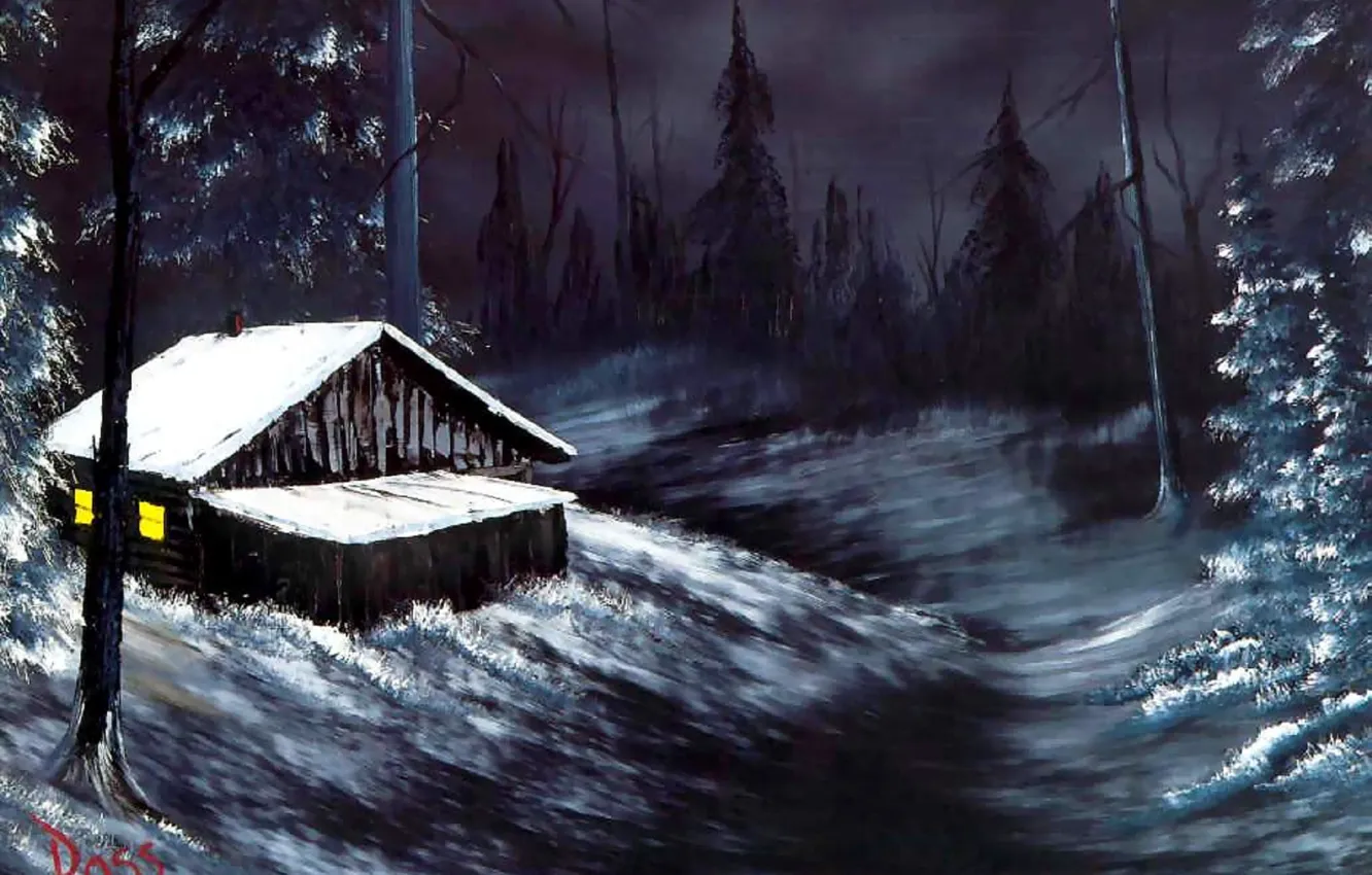 Фото обои зима, лес, свет, снег, пейзаж, ночь, дом, огонь