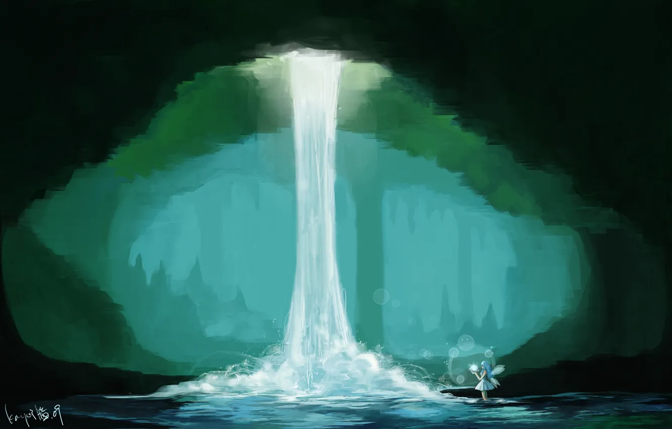 Фото обои девушка, магия, водопад, пещера, art, солнечный свет, nou