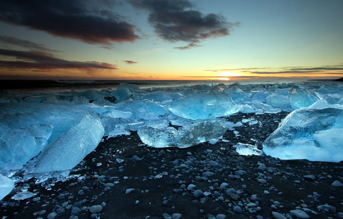 Фото обои море, пейзаж, закат, лёд