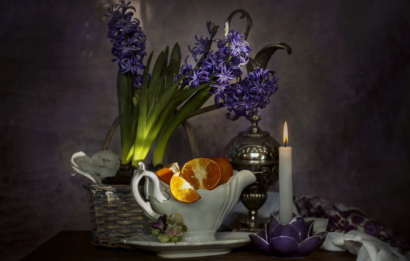 Фото обои цветы, апельсин, свеча, натюрморт, гиацинты