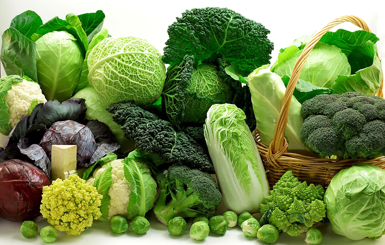 Фото обои зелень, корзинка, овощи, разные, капуста, сорта