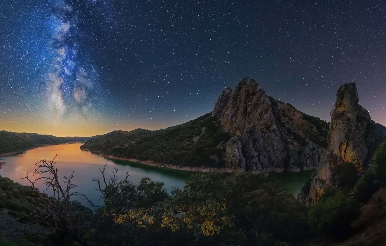 Фото обои Горы, Галактика, Ночь, Звезды, Река, Stars, Galaxy, Night