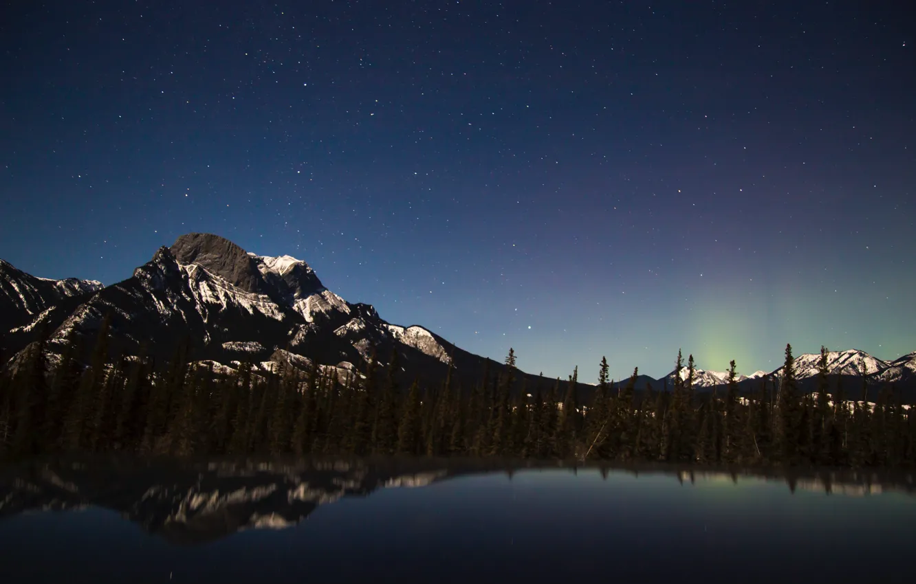 Фото обои Mountains, Background, Reflection, Starry Night