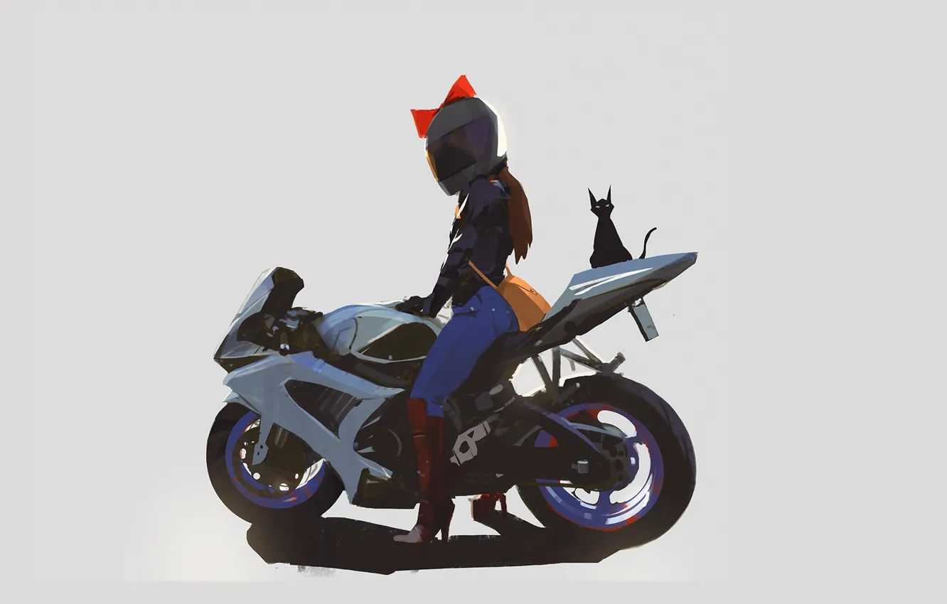 Фото обои тень, сапоги, мотоцикл, сумка, серый фон, черный кот, Ведьмина служба доставки, Jiji