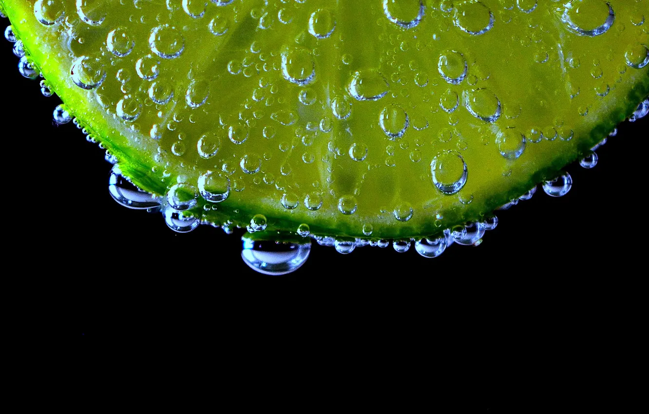 Фото обои вода, пузырьки, лимон, долька, воздух, лайм