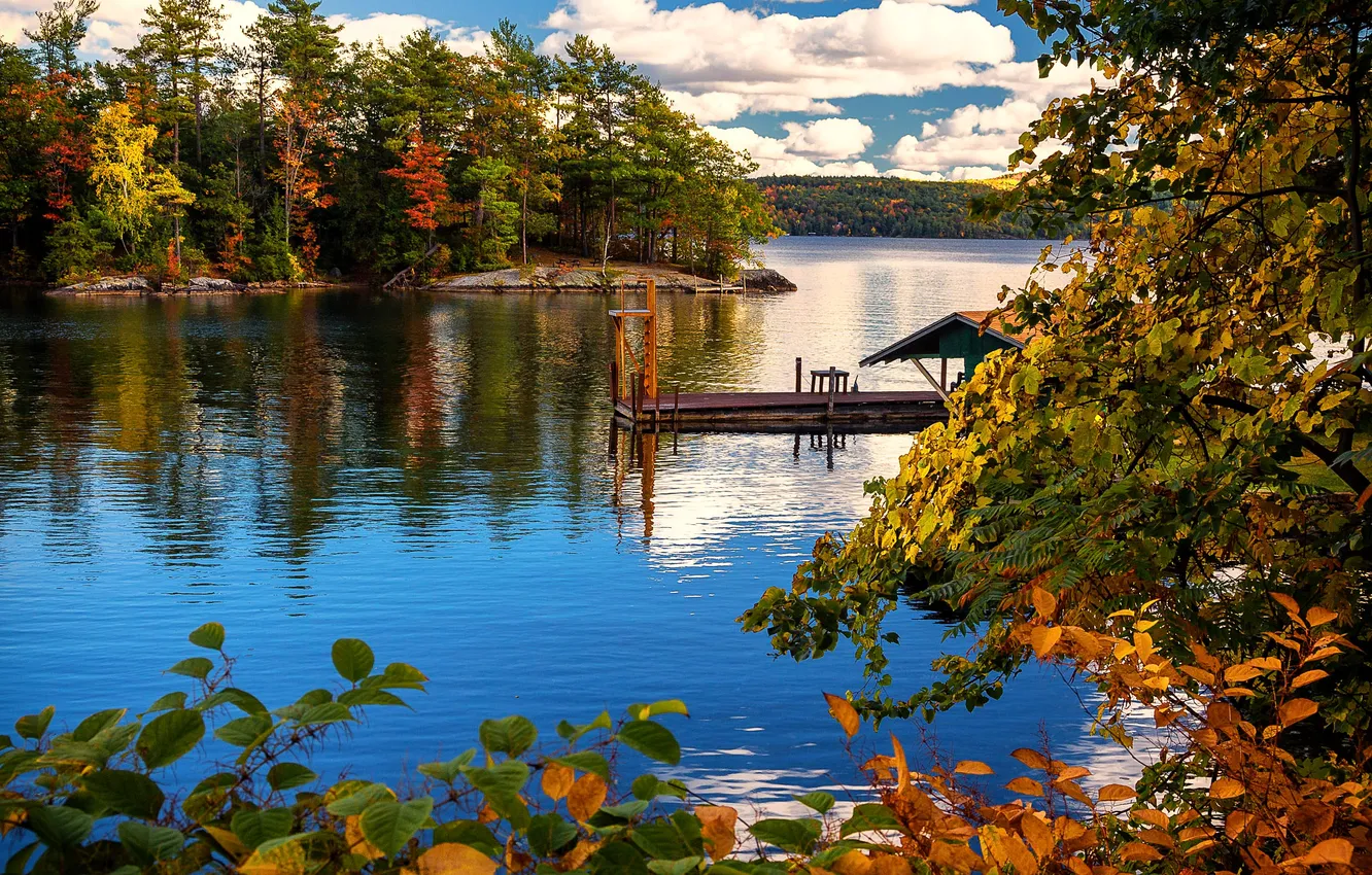 Фото обои лес, облака, деревья, озеро, берег, листва, Нью-Йорк, причал