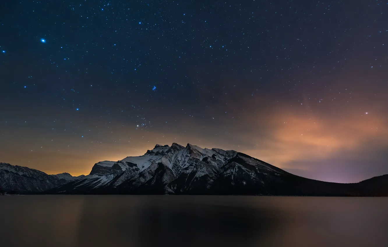 Фото обои night, mountain, lake, stars, canada, alberta, banff