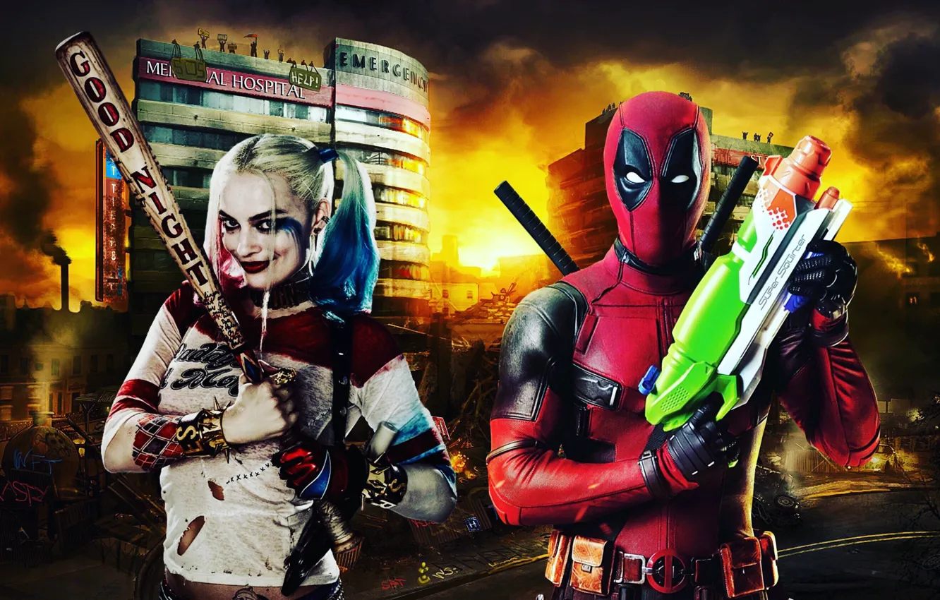 Фото обои marvel, deadpool, dc comics, harley quinn