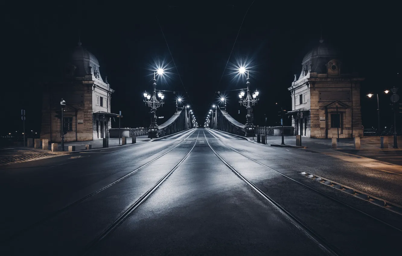 Фото обои дорога, ночь, огни, улица, Мост, архитектура, винтаж