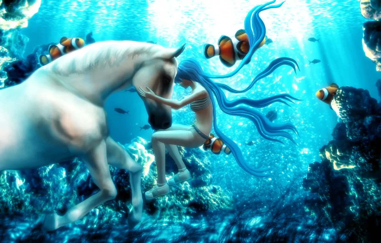 Фото обои рыбы, фэнтези, Hatsune Miku, Vocaloid, под водой, белая лошадь, 3d-графика