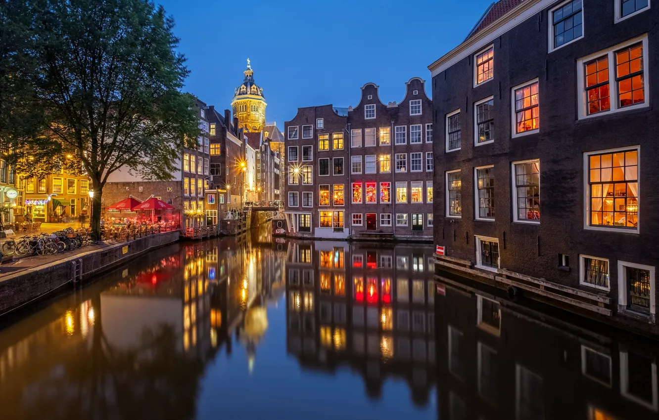 Фото обои огни, вечер, канал, Нидерланды, Amsterdam, Голландия