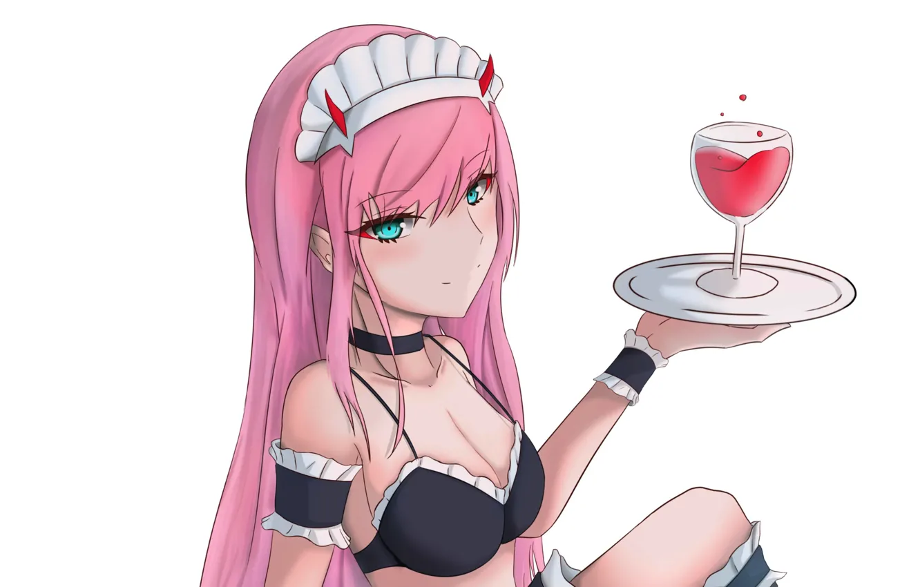 Фото обои girl, sexy, cleavage, pink hair, horns, long hair, boobs, anime