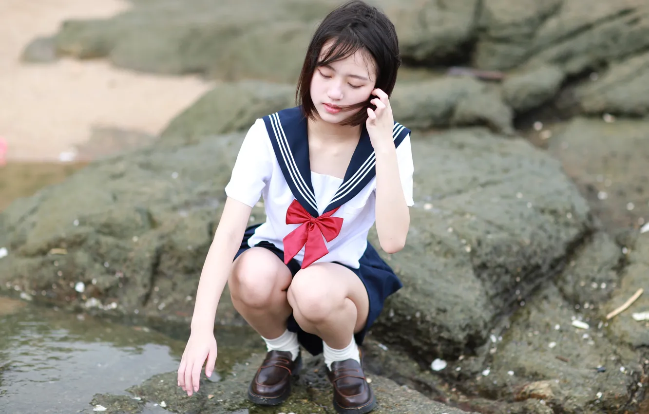 Фото обои Asian, Model, Beach, Woman, Pretty, Japanese, Uniform, Shore