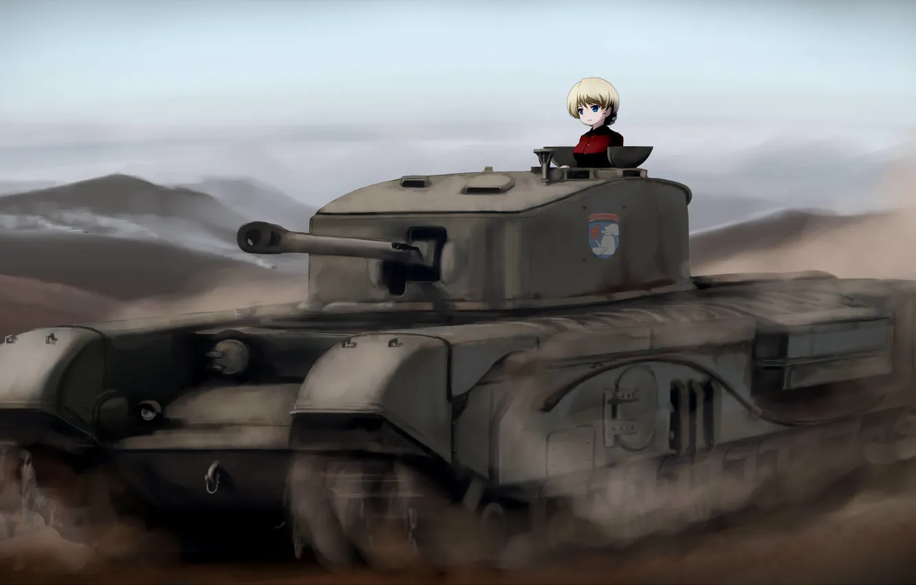 Фото обои девушка, горы, оружие, знак, пыль, аниме, арт, танк