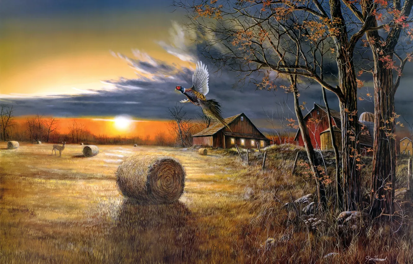 Фото обои поле, осень, рассвет, птица, урожай, живопись, Jim Hansel, Autumn Harvest
