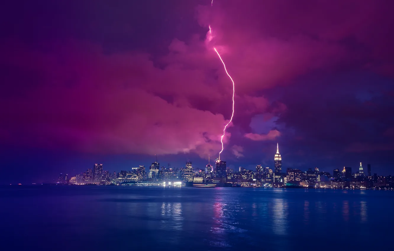 Фото обои река, молния, Нью-Йорк, ночной город, Манхэттен, Manhattan, New York City, Hudson River