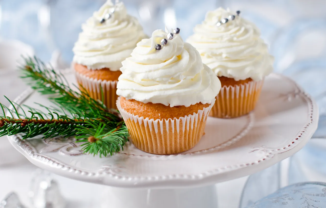 Фото обои праздник, Новый год, украшение, крем, десерт, кексы, cupcakes, капкейки