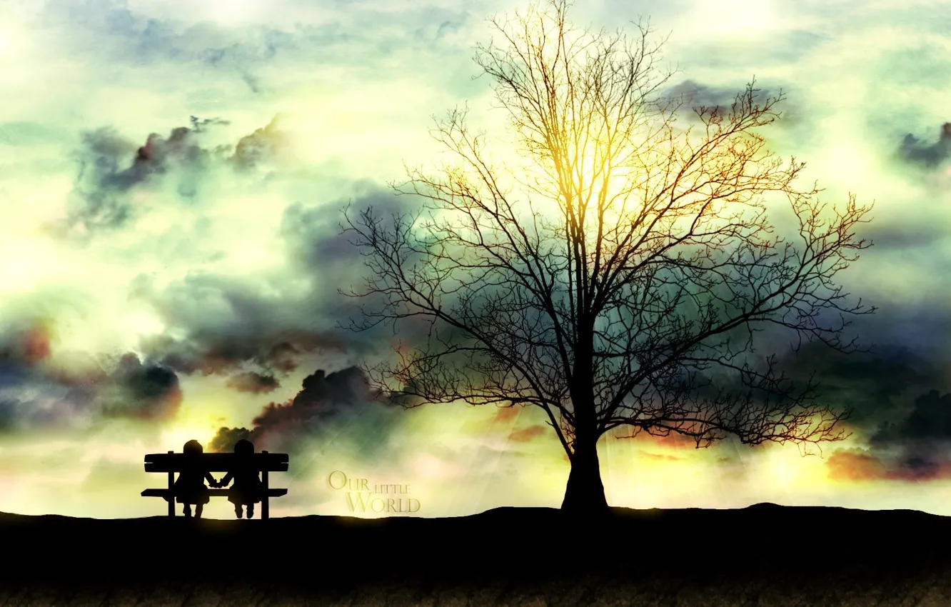 Фото обои небо, солнце, деревья, любовь, скамейка, парк, рисунок, лавочка