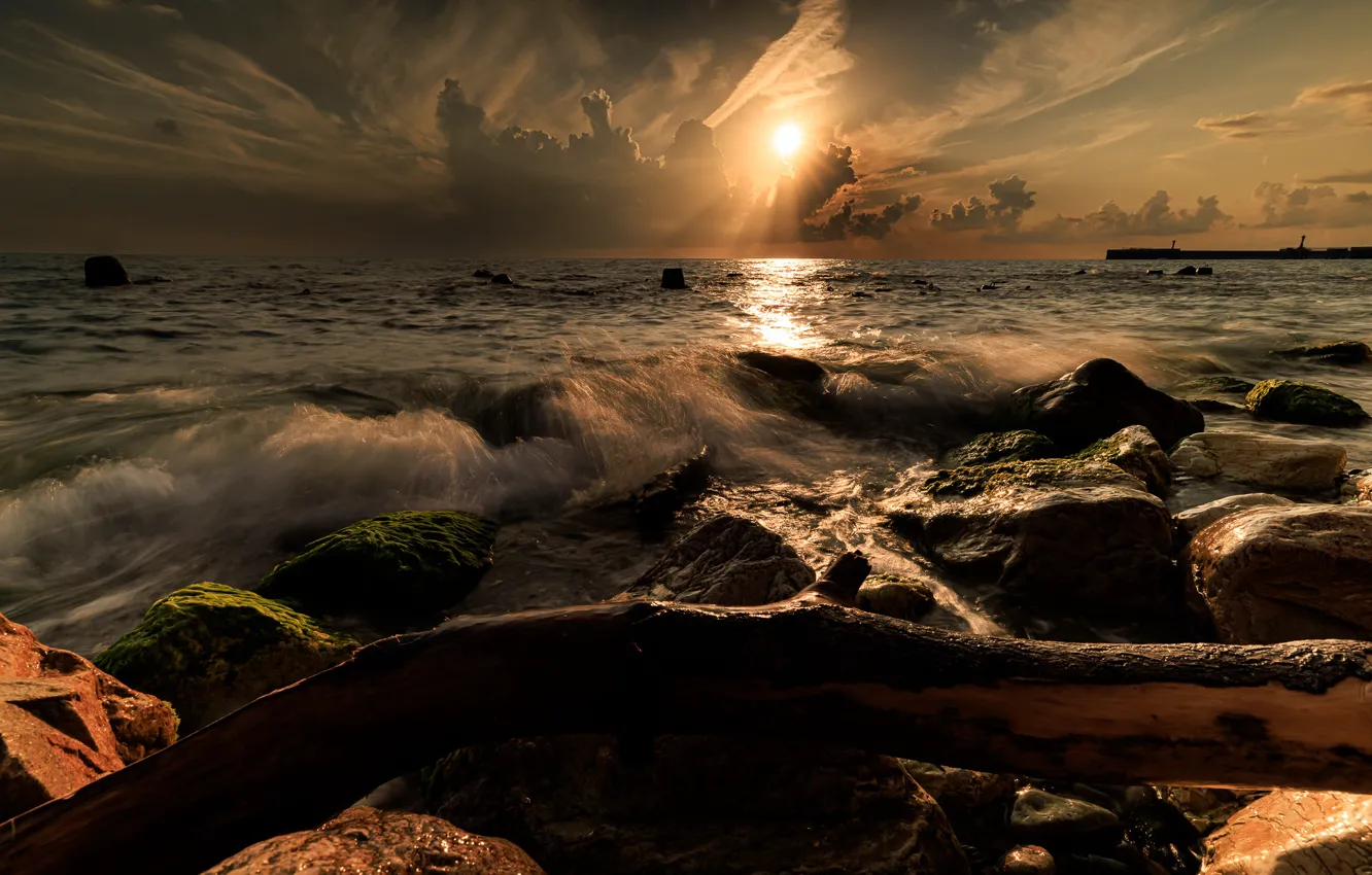 Фото обои waves, photography, sea, sunset, clouds, rocks, pier, sunlight