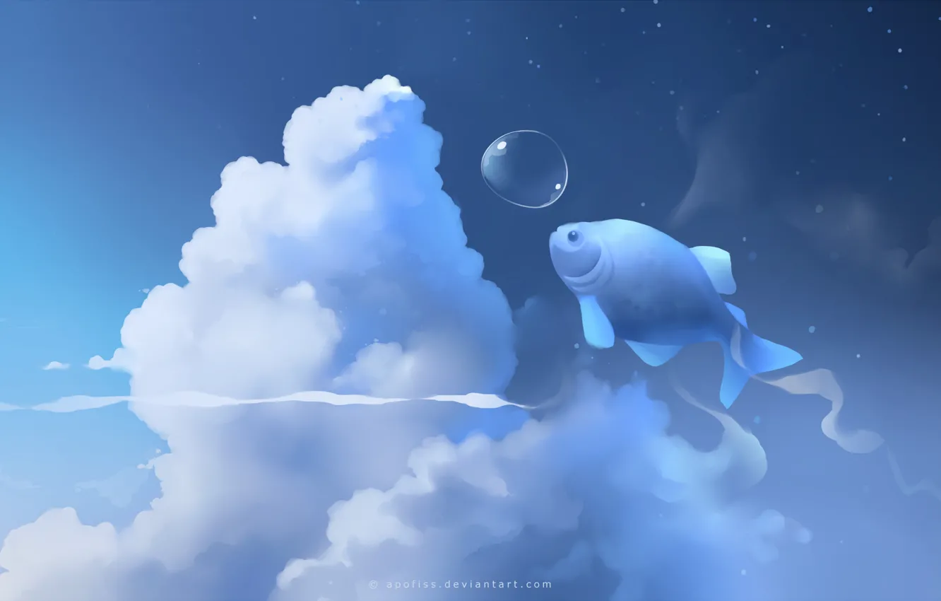Фото обои облака, голубой, рыба, пузырь, apofiss