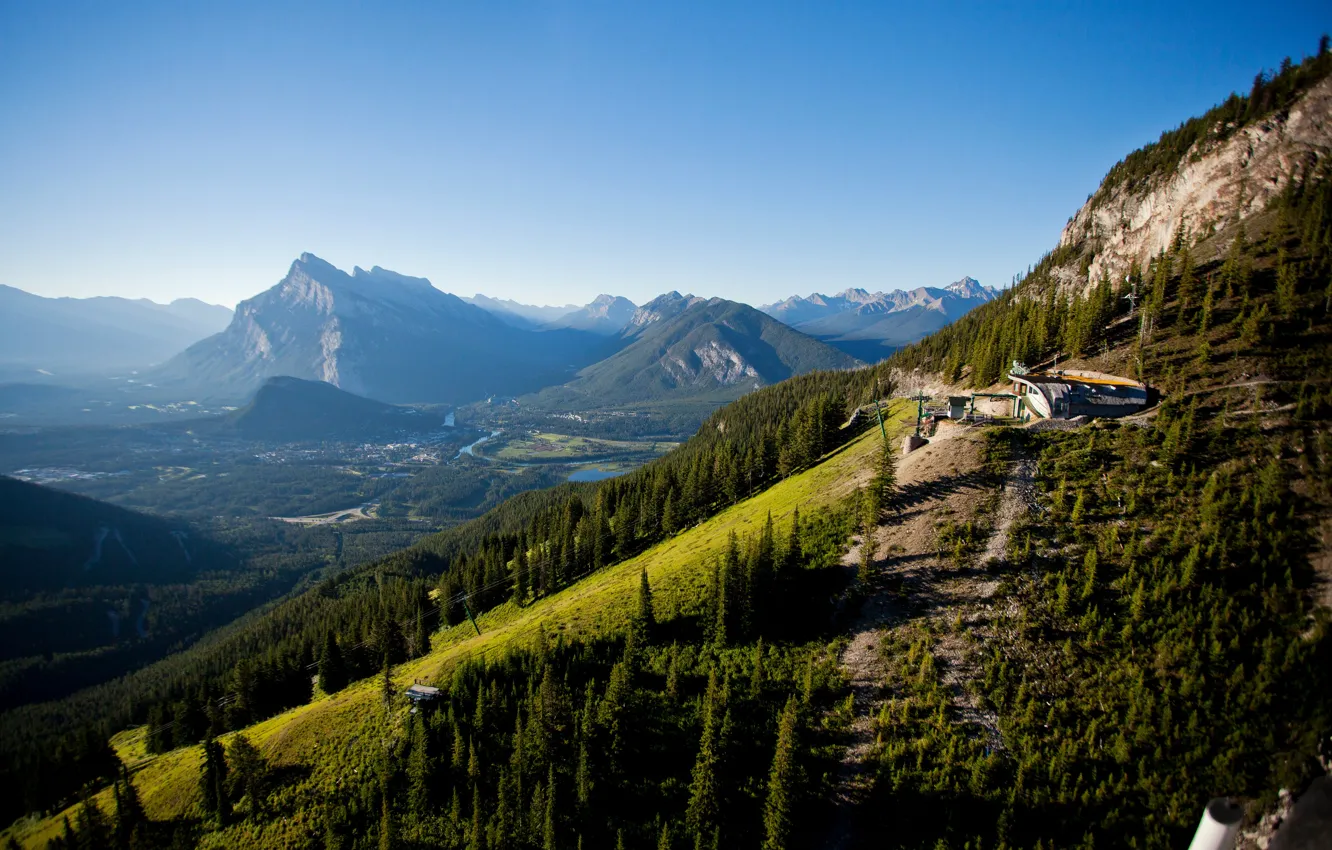 Фото обои деревья, горы, река, долина, склон, Канада, панорама, леса