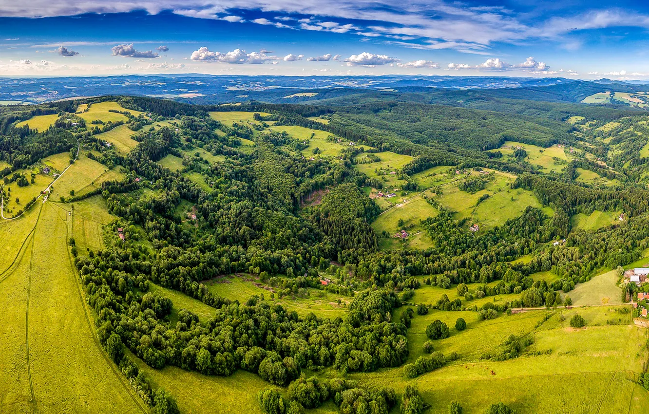 Фото обои зелень, лето, небо, солнце, облака, деревья, поля, Чехия