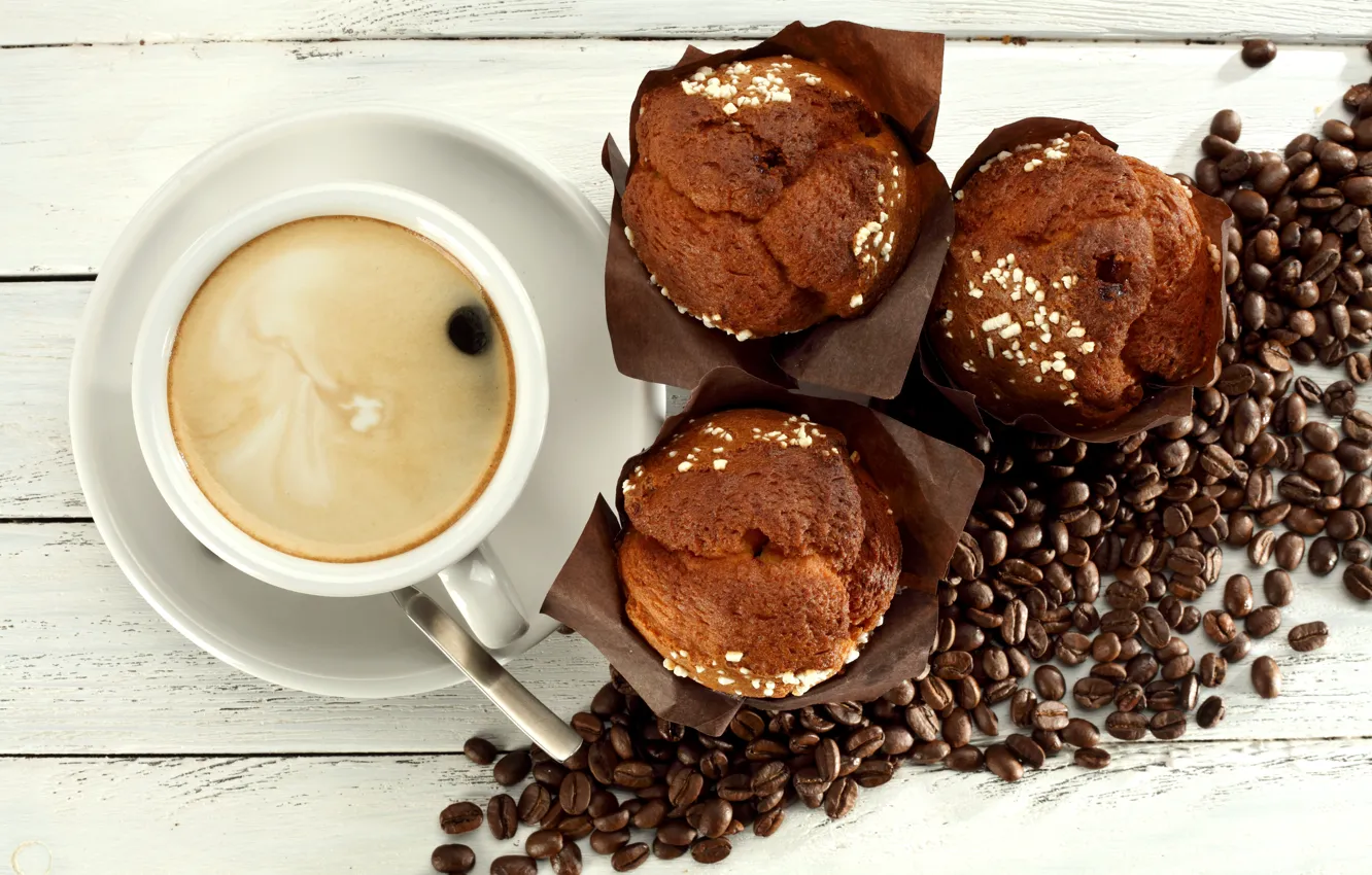 Фото обои кофе, cup, cupcake, кексы, beans, coffee, breakfast