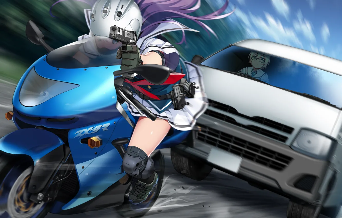 Фото обои машина, девушка, пистолет, скорость, мотоцикл, Grisaia: Phantom Trigger