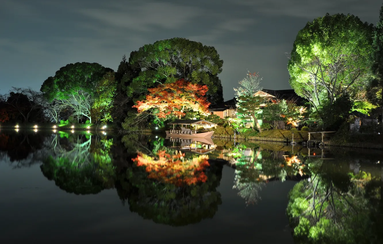Фото обои осень, деревья, дом, отражение, река, лодка, япония