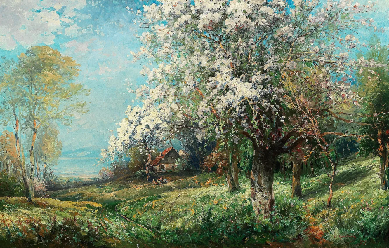 Фото обои 1907, Austrian painter, австрийский живописец, oil on canvas, Flowering (Normandy), Адольф Кауфманн, Цветение (Нормандия), Adolf …