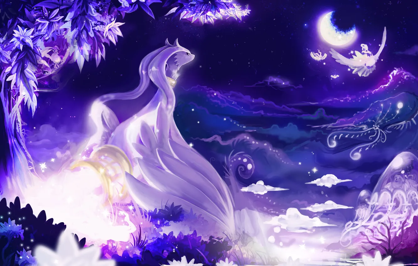 Фото обои животные, небо, вода, звезды, облака, деревья, цветы, ночь