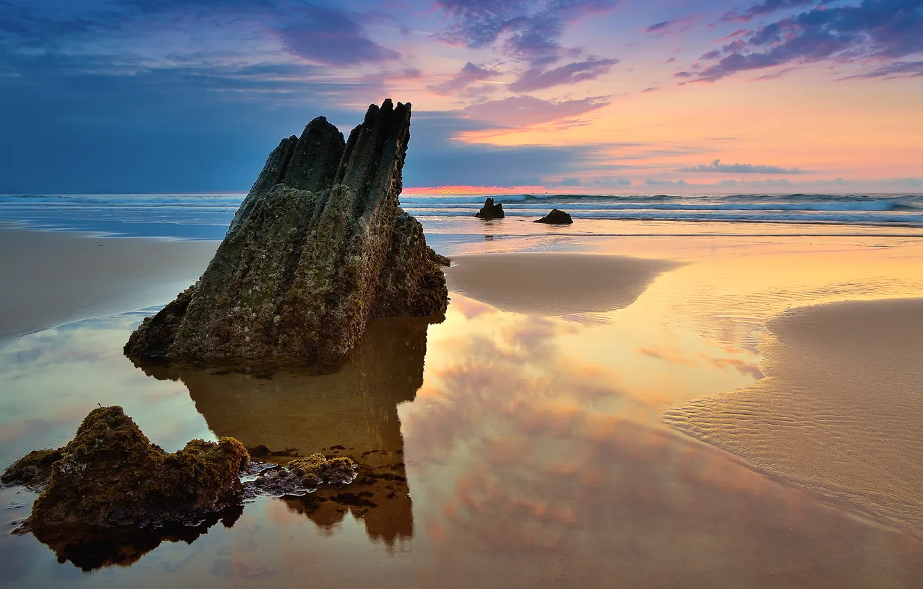 Фото обои море, пляж, скала, краски, камень, заката
