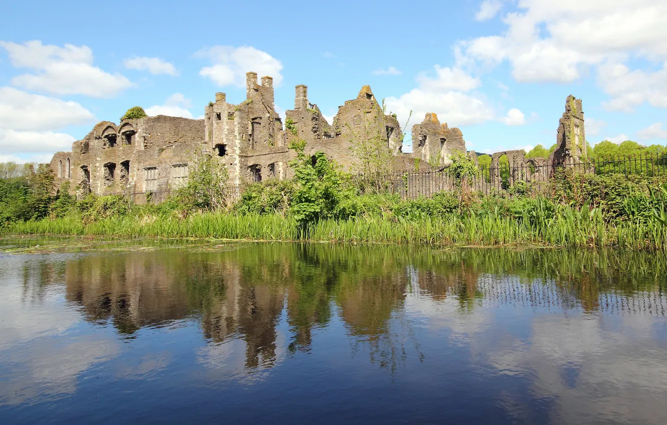 Фото обои зелень, гладь, отражение, река, замок, руины