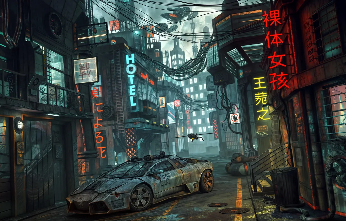 Фото обои Япония, реклама, переулок, автомобиль, мир будущего, sci fi, Фантастический арт