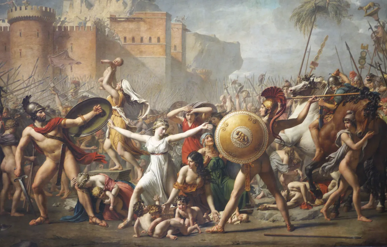 Фото обои картина, живопись, Жак Луи Давид, 1799, L'enlèvement des Sabines, Jacques-Louis David, Сабинянки, останавливающие битву между …