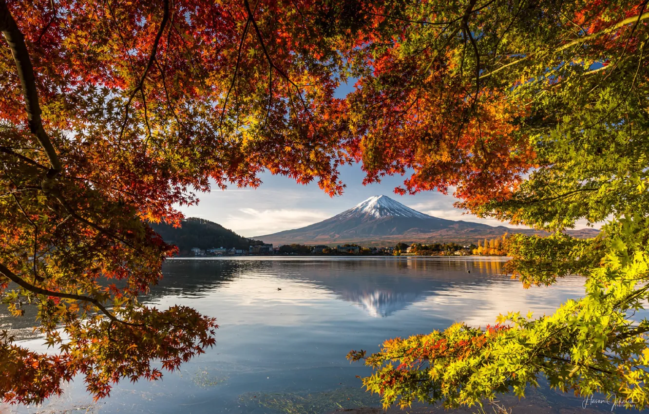Фото обои озеро, Япония, Japan, Fuji, осенний день, Kawaguchi